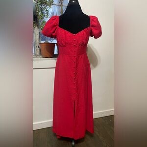 Zara Cherry Red Midi Dress Puff Sleeve Button Front